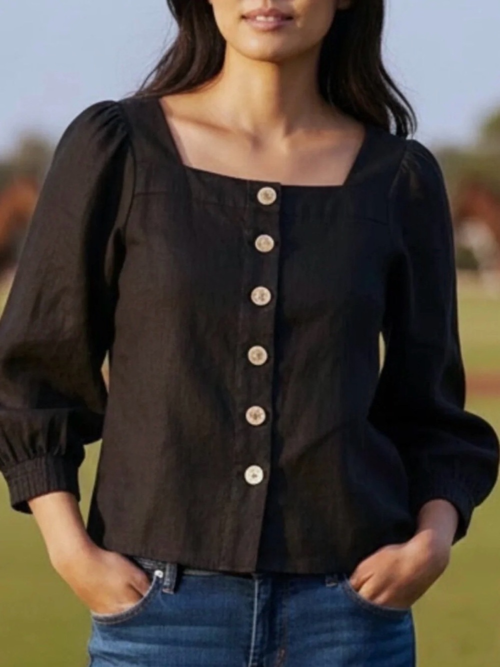J. Crew Black Square-Neck Button-Front Linen Top Medium